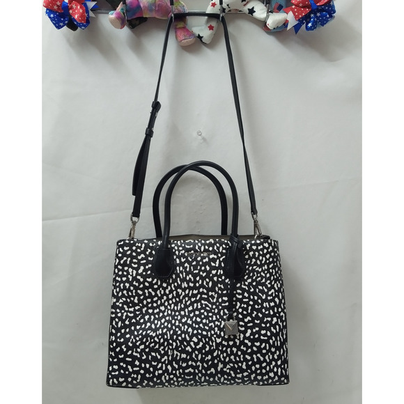 Michael Kors Mercer Black Leather White Dots Double Handles Satchel Tote Bag